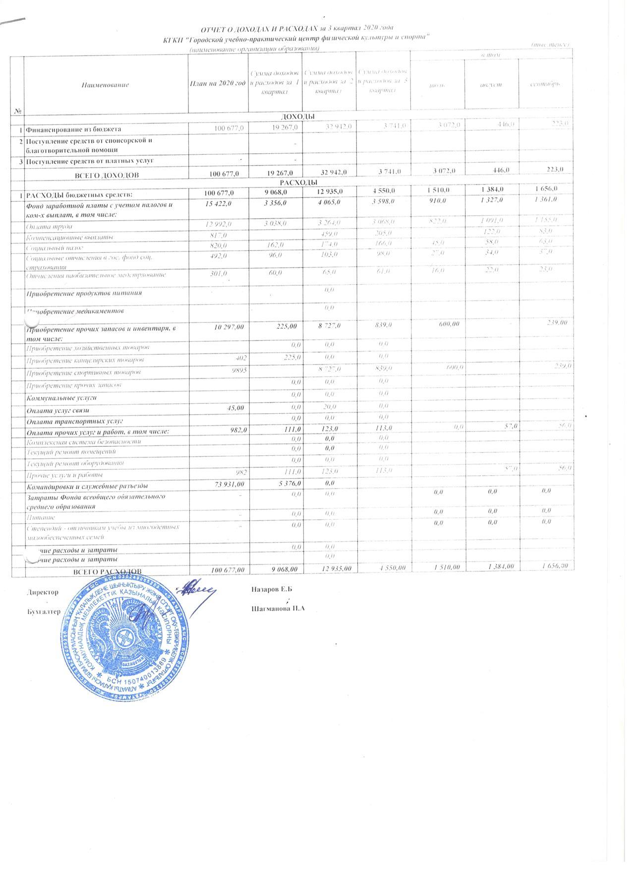 Отчет о доходах и расходах за 3 кв 2020